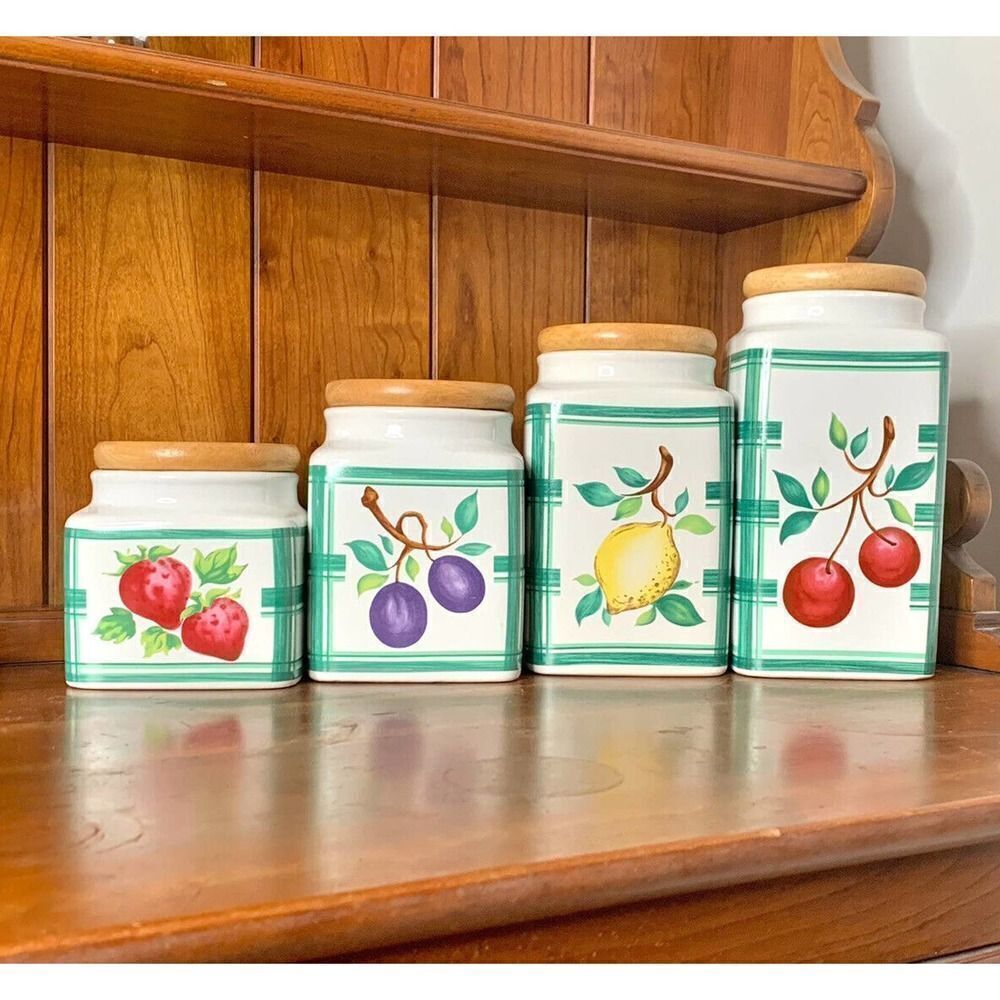Vintage Lillian Vernon Bright Farmhouse Kitchen Fruit Canister Wood Lid Set of 4